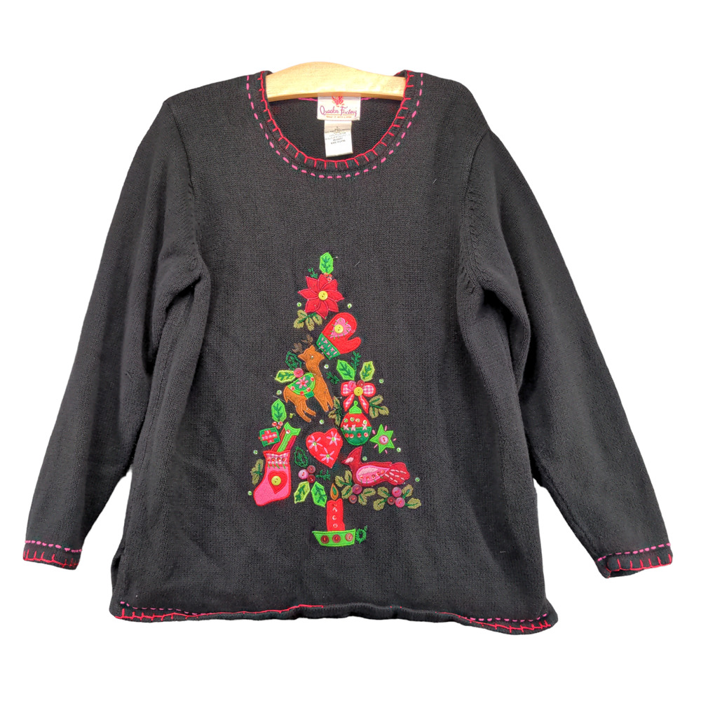 Quacker Factory Women's Sweater Black Large Embroidered Christmas Tree Knit